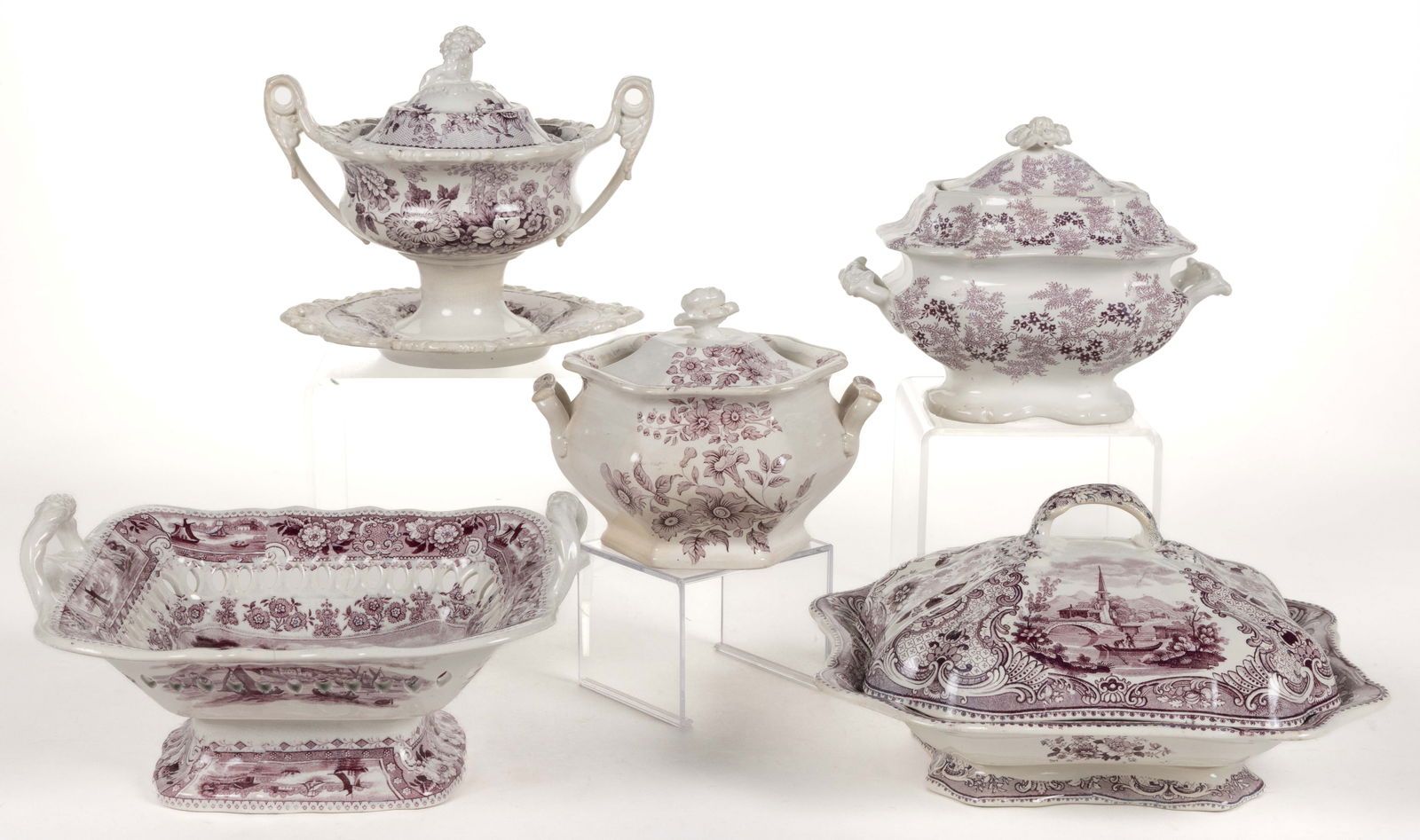 STAFFORDSHIRE TRANSFER-PRINTED CERAMIC TEA AND TABLE ARTICLES, LOT OF FIVE (1 of 2)