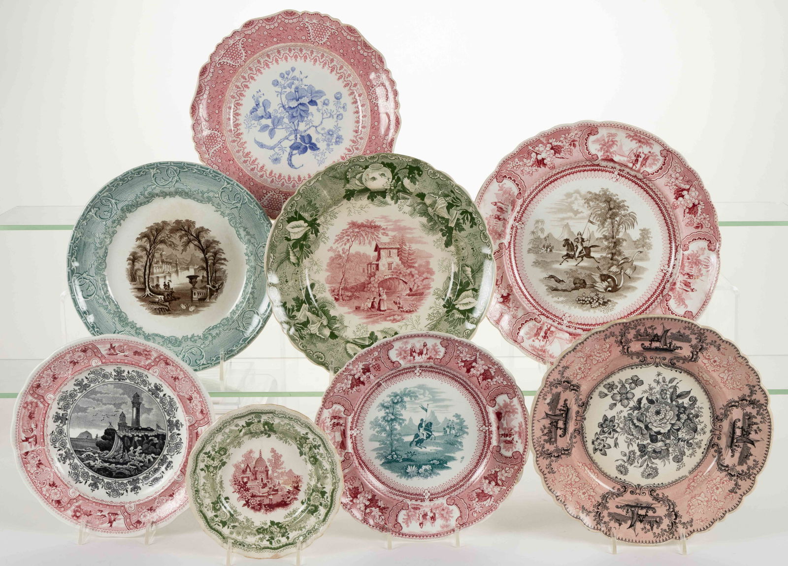STAFFORDSHIRE BI-COLOR TRANSFER-PRINTED CERAMIC PLATES, LOT OF EIGHT (1 of 1)