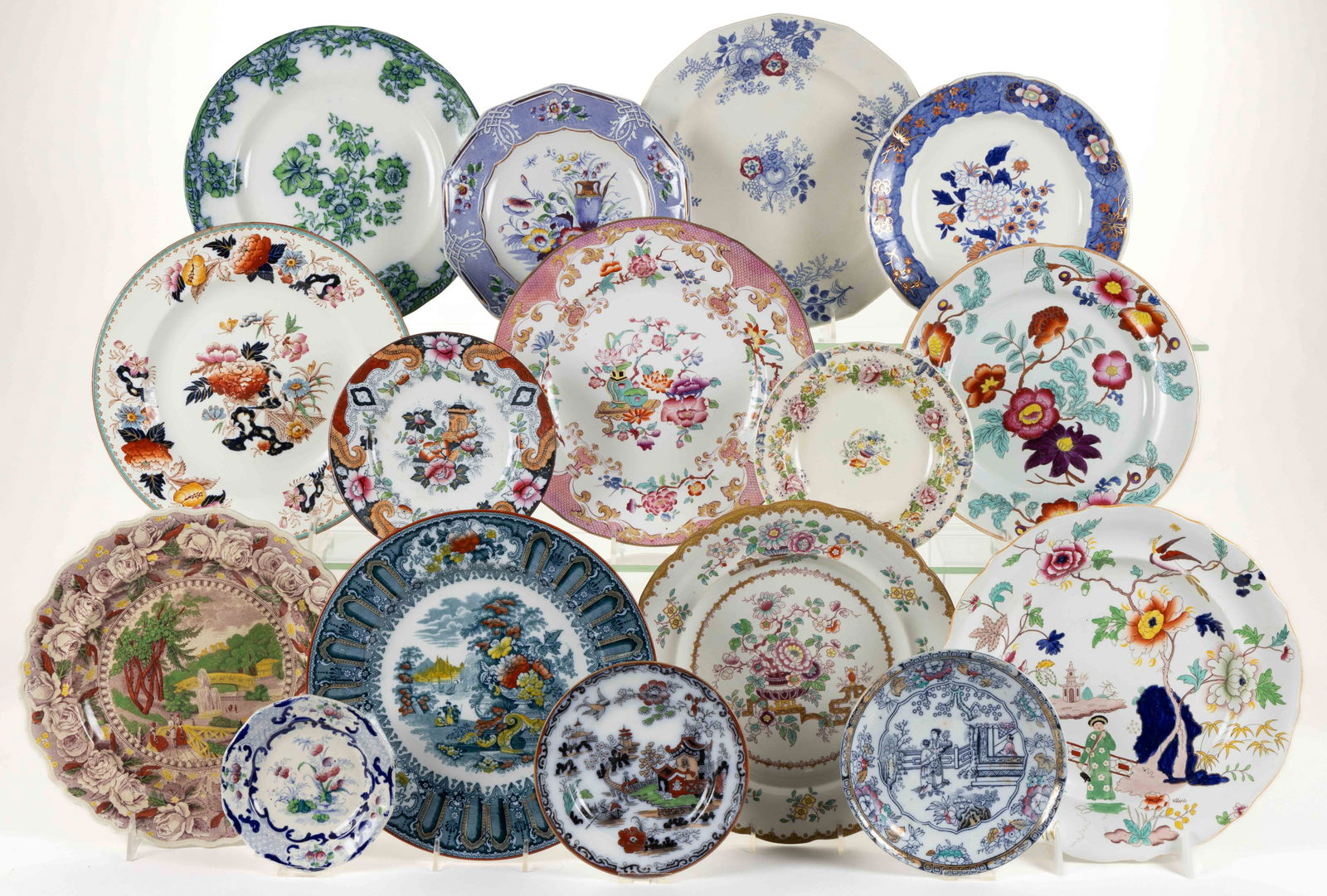STAFFORDSHIRE TRANSFER-PRINTED CERAMIC PLATES, LOT OF 16 (1 of 1)