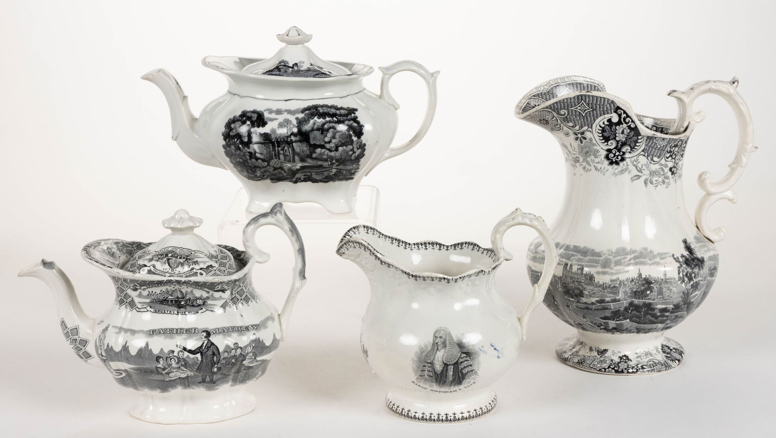 STAFFORDSHIRE TRANSFER-PRINTED CERAMIC DRINKING ARTICLES, LOT OF FOUR (1 of 2)