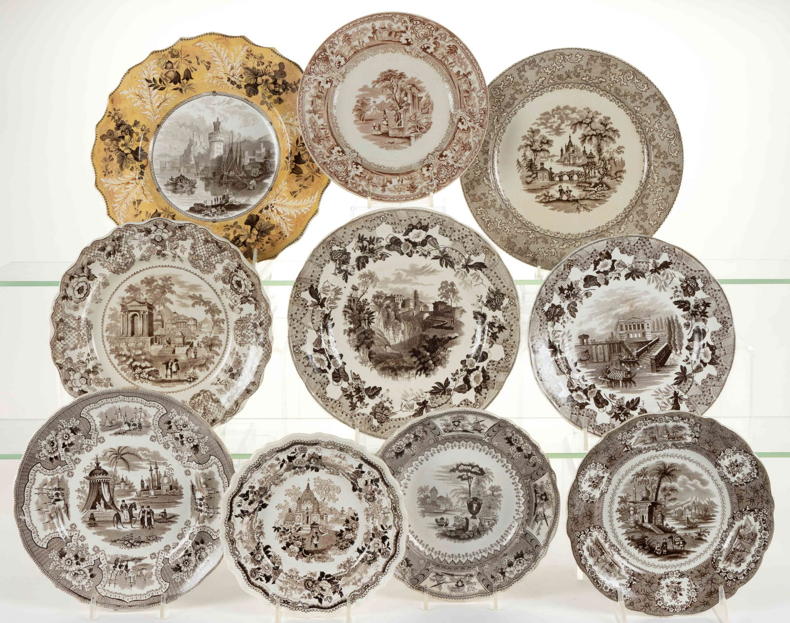 STAFFORDSHIRE TRANSFER-PRINTED CERAMIC ROMANTIC LANDSCAPES / THEMES PLATES, LOT OF TEN (1 of 1)