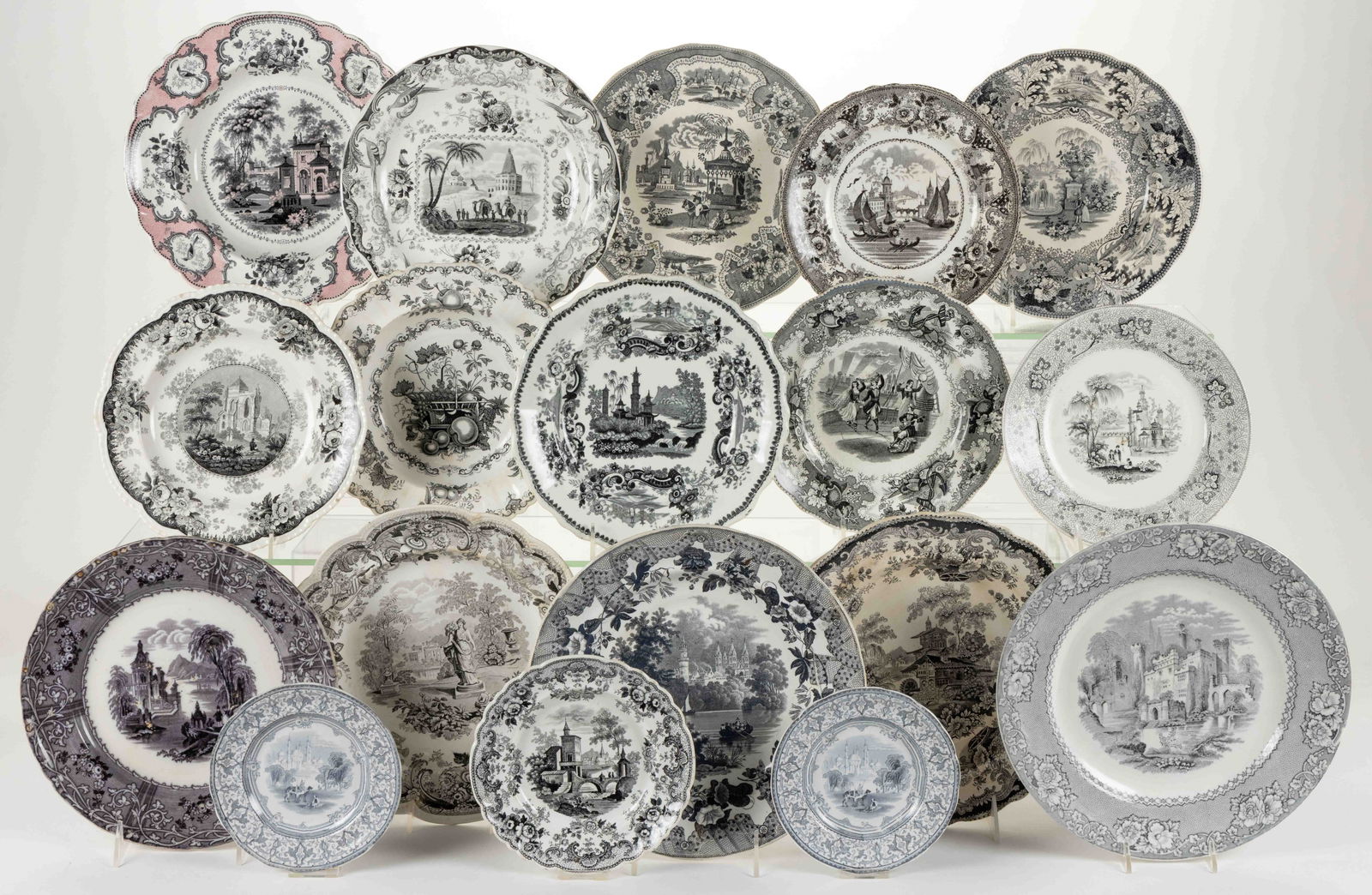 ENGLISH TRANSFER-PRINTED CERAMIC ASSORTED MOTIFS PLATES, LOT OF 18 (1 of 1)