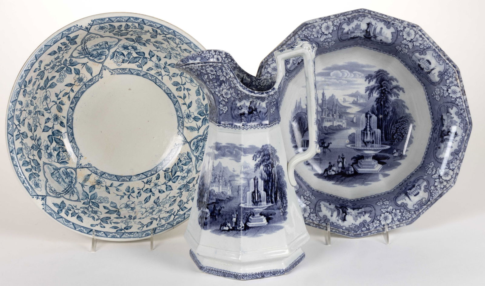 STAFFORDSHIRE TRANSFER-PRINTED CERAMIC WASH ARTICLES, LOT OF THREE (1 of 2)