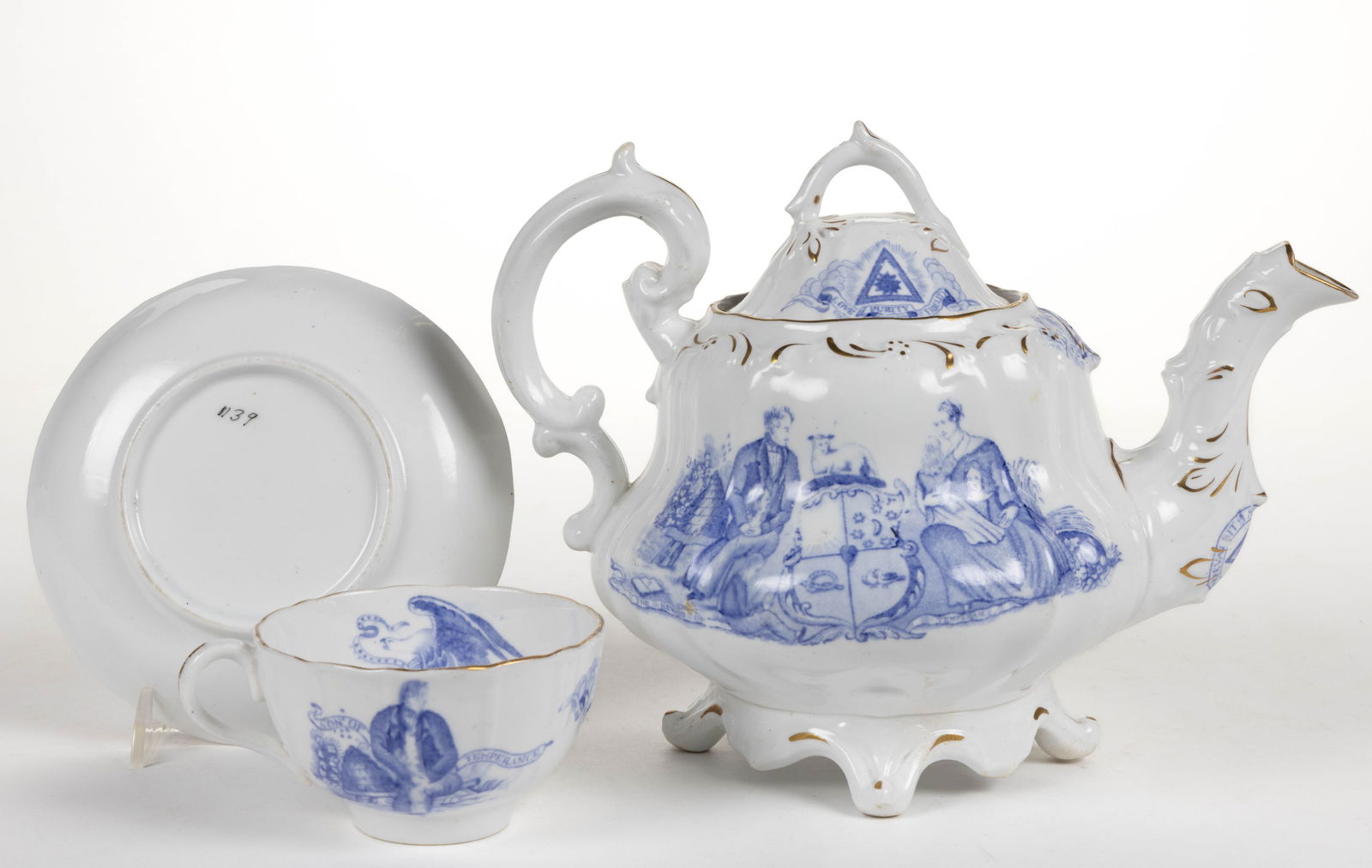 ENGLISH TRANSFER-PRINTED PORCELAIN TEMPERANCE MOTIF TEA ARTICLES, LOT OF TWO (1 of 2)