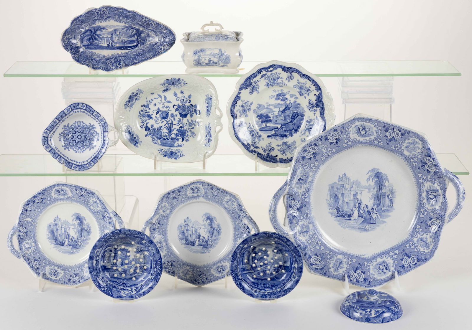STAFFORDSHIRE BLUE TRANSFER-PRINTED CERAMIC TABLE AND OTHER ARTICLES, LOT OF NINE (1 of 1)