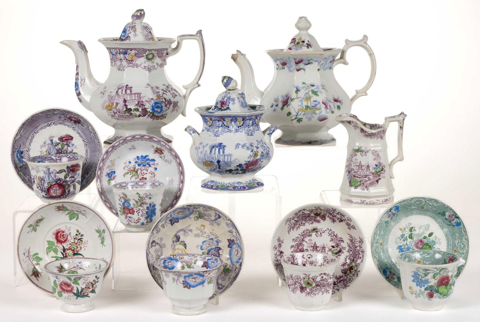 STAFFORDSHIRE TRANSFER-PRINTED CERAMIC TEA ARTICLES, LOT OF TEN (1 of 1)