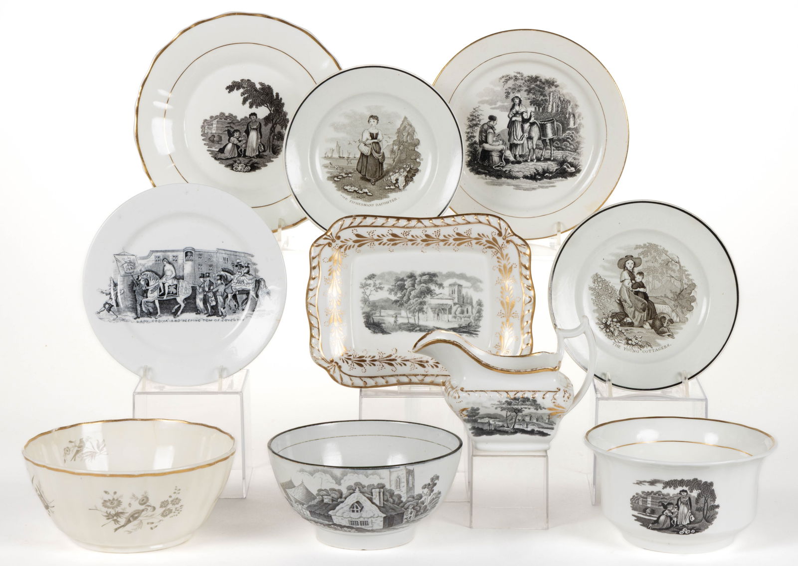 ENGLISH BAT- / TRANSFER-PRINTED CERAMIC TEA AND TABLE ARTICLES, LOT OF TEN (1 of 1)