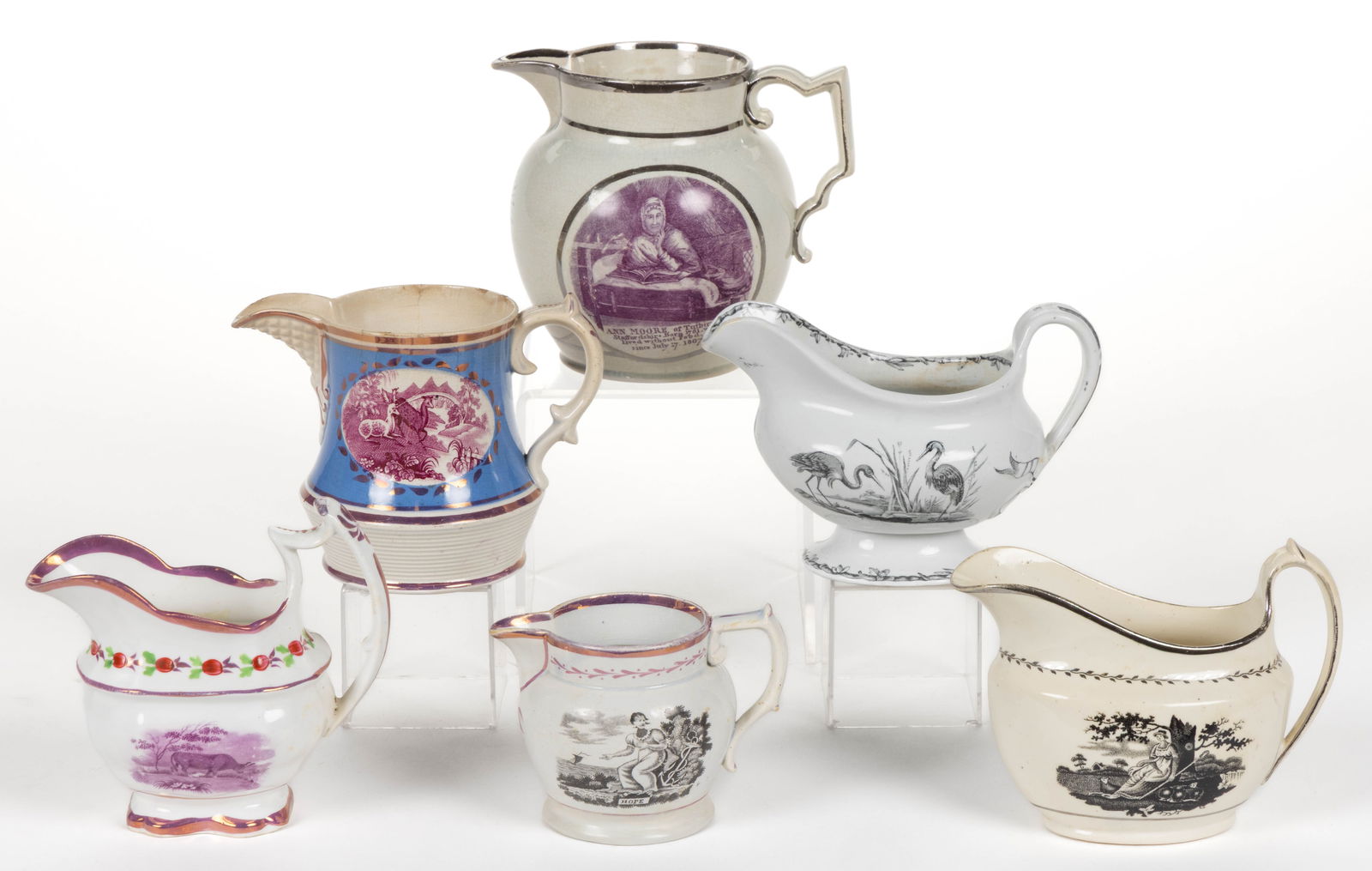 ENGLISH BAT- / TRANSFER-PRINTED CERAMIC DRINKING ARTICLES, LOT OF SIX (1 of 2)