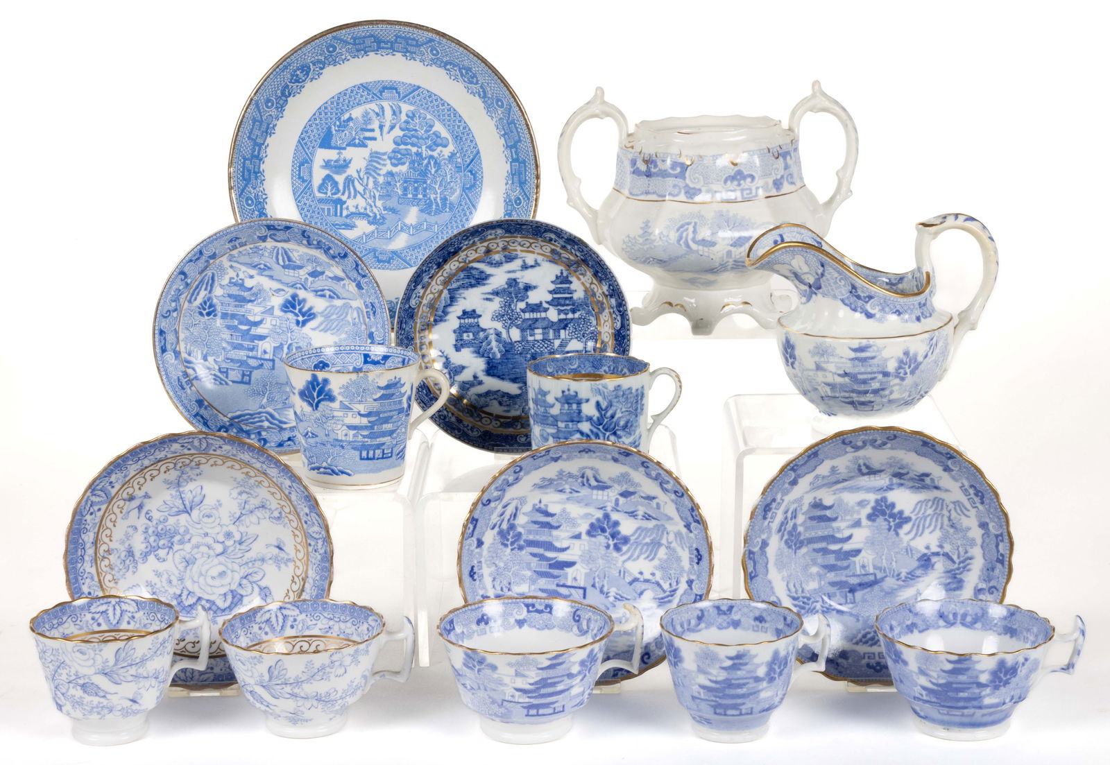 STAFFORDSHIRE BLUE TRANSFER-PRINTED GILT-DECORATED CERAMIC / PORCELAIN TEA ARTICLES, LOT OF 15 (1 of 1)