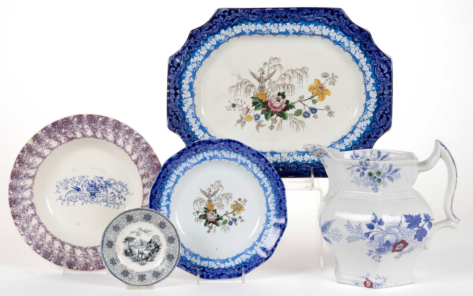 STAFFORDSHIRE TRANSFER-PRINTED CERAMIC DRINKING AND TABLE ARTICLES, LOT OF FIVE (1 of 1)