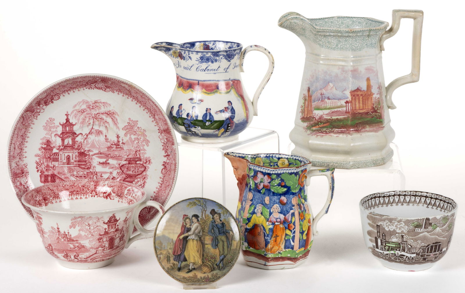 STAFFORDSHIRE TRANSFER-PRINTED DRINKING AND TABLE ARTICLES, LOT OF SIX (1 of 1)