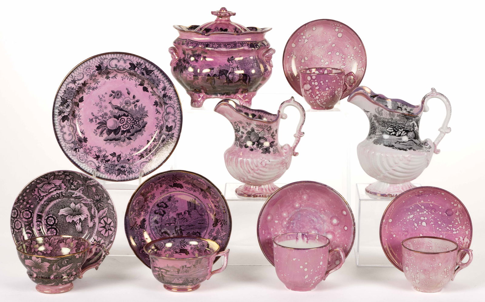 BRITISH PINK LUSTRE CERAMIC TEA AND OTHER ARTICLES, LOT OF NINE (1 of 1)