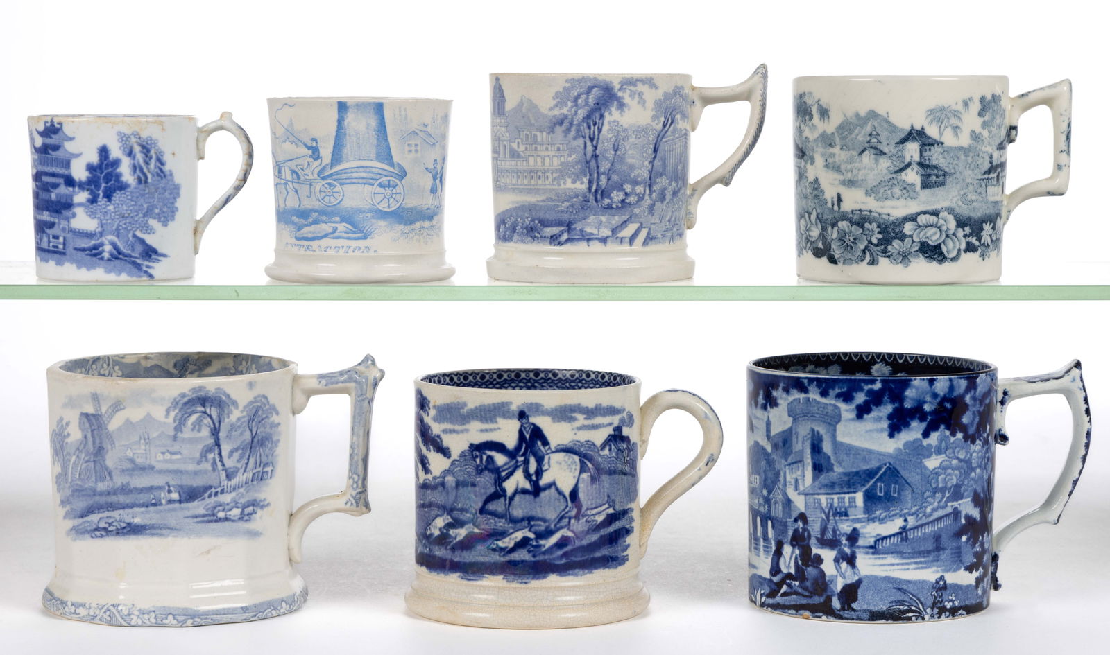 STAFFORDSHIRE BLUE TRANSFER-PRINTED CERAMIC MUGS, LOT OF SEVEN (1 of 2)