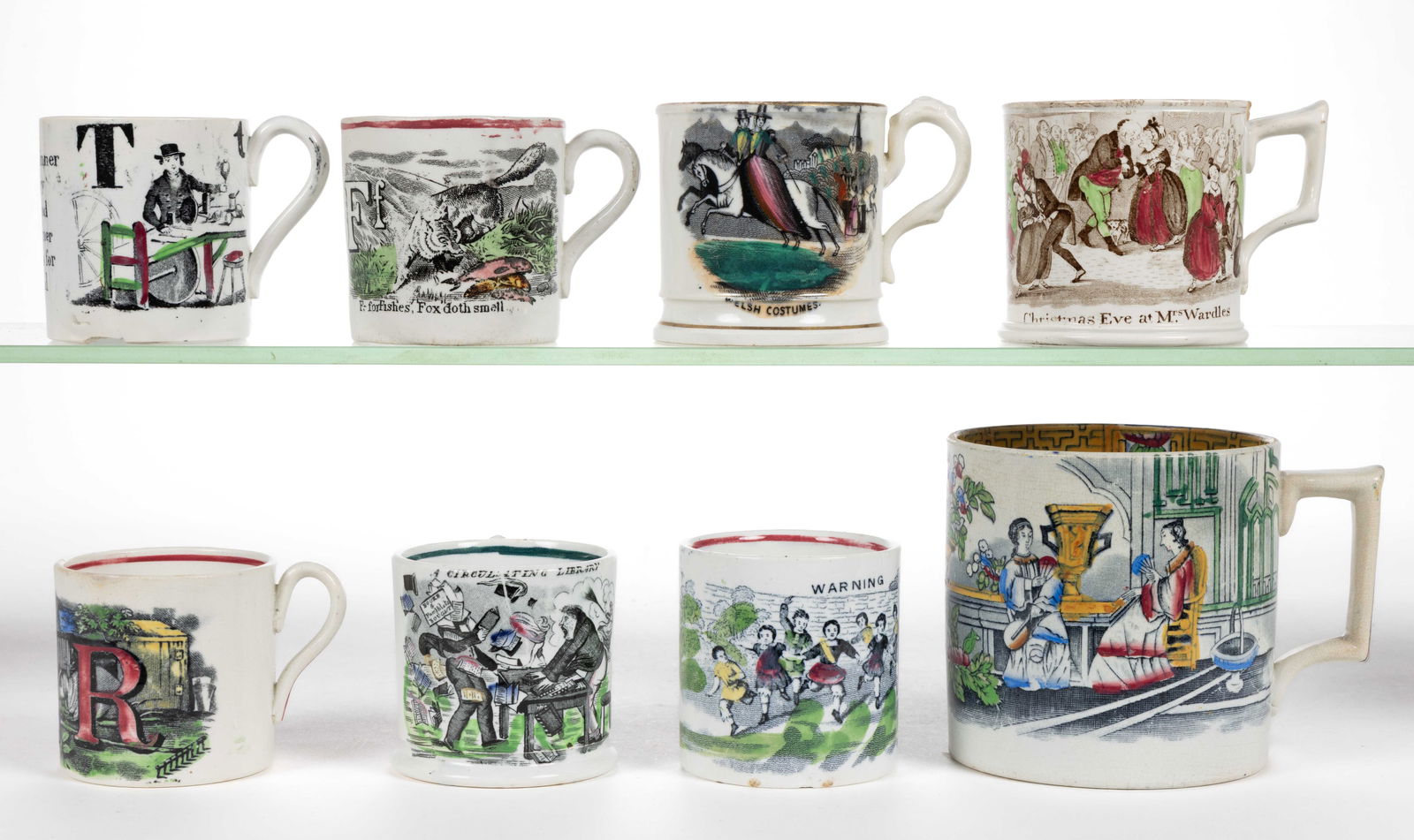 STAFFORDSHIRE TRANSFER-PRINTED CERAMIC CHILDREN'S MUGS, LOT OF EIGHT (1 of 2)