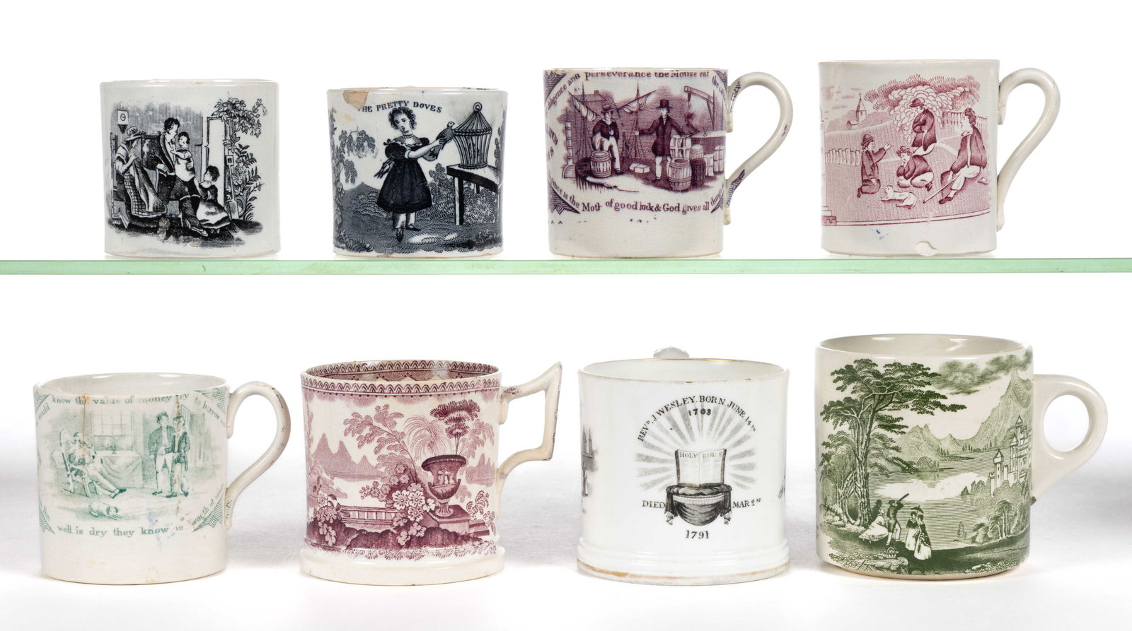 STAFFORDSHIRE TRANSFER-PRINTED CERAMIC MUGS, LOT OF EIGHT (1 of 2)