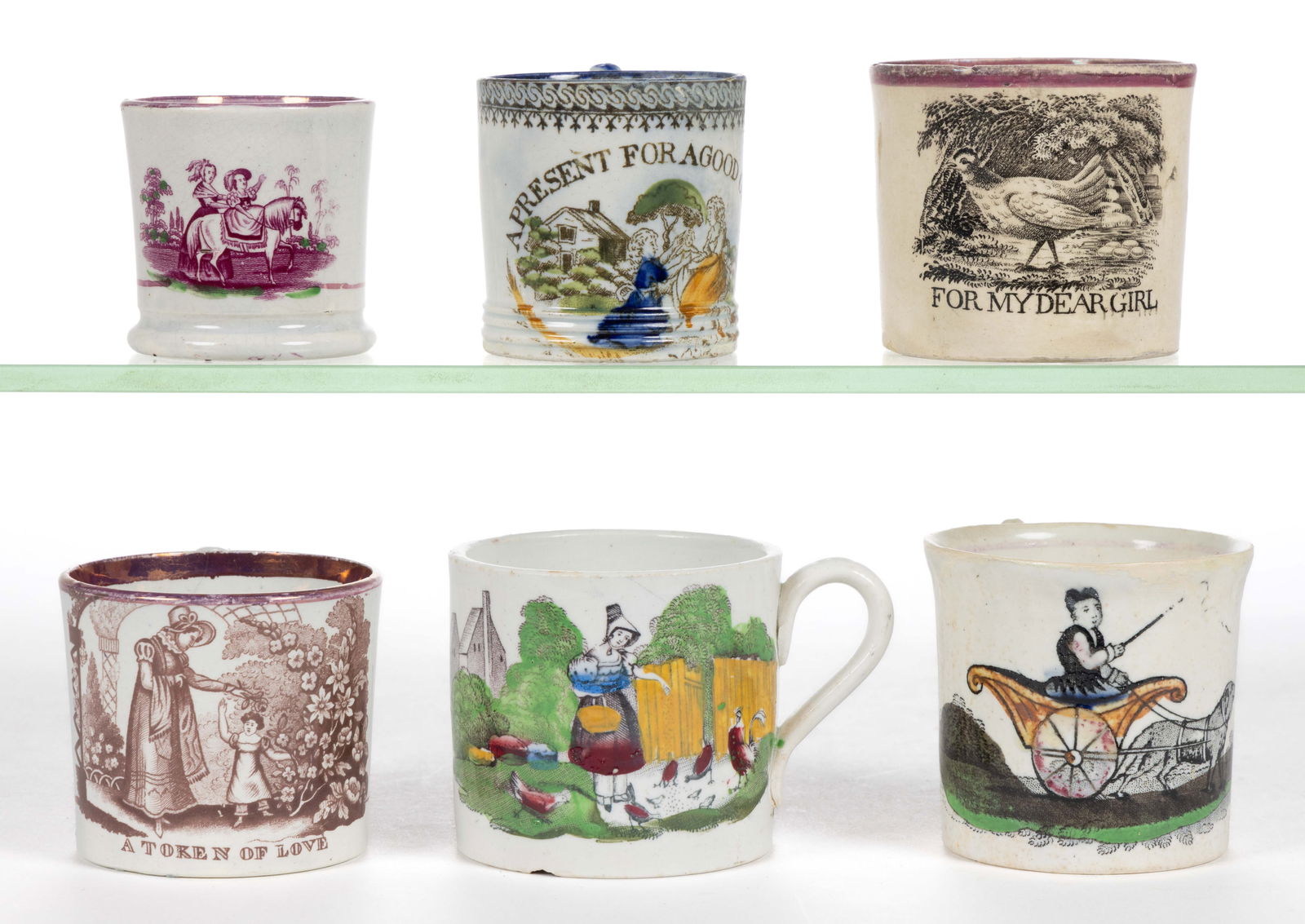 STAFFORDSHIRE TRANSFER-PRINTED CERAMIC GIRL MOTIF CHILDREN'S MUGS, LOT OF SIX (1 of 2)