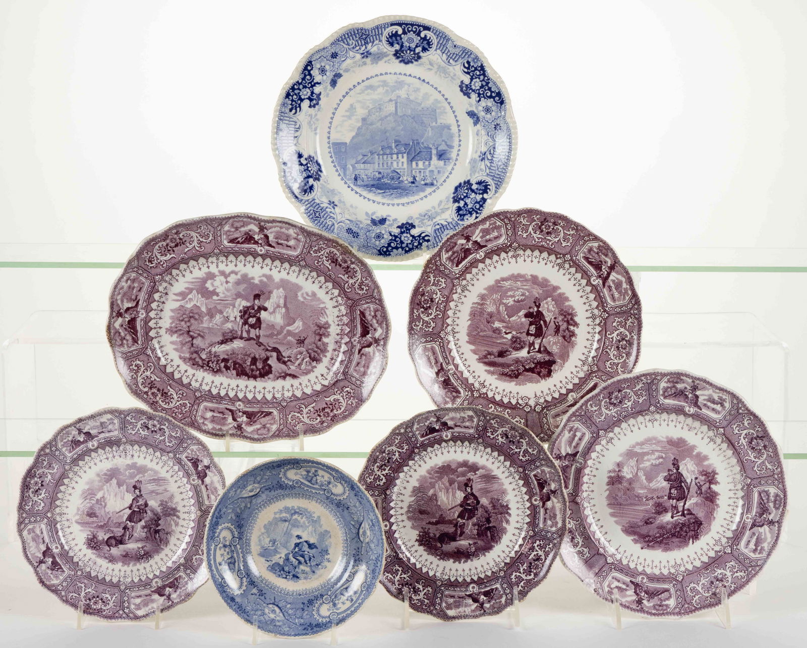 STAFFORDSHIRE TRANSFER-PRINTED CERAMIC SCOTTISH MOTIF TEA AND TABLE ARTICLES, LOT OF SEVEN (1 of 1)