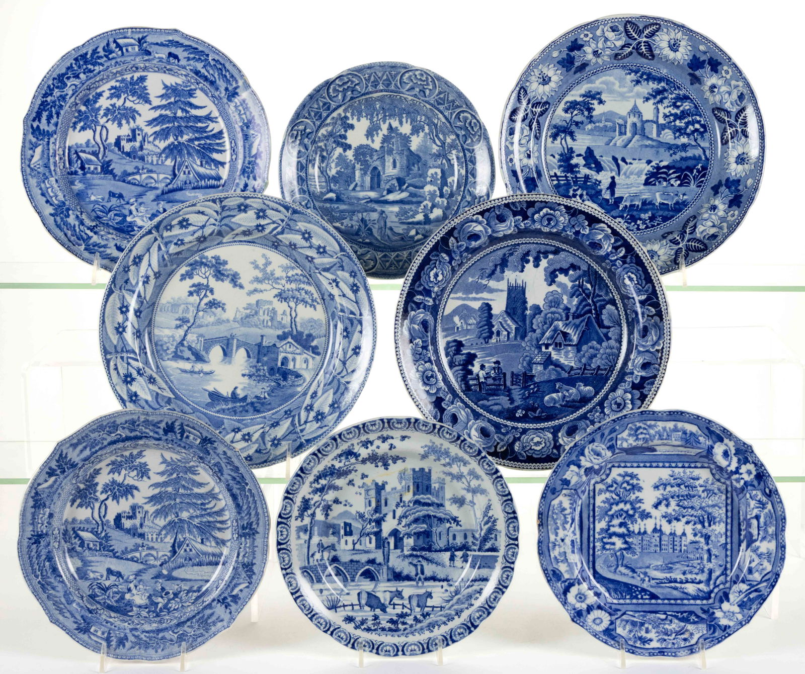 STAFFORDSHIRE BLUE TRANSFER-PRINTED CERAMIC BRITISH / CASTLE MOTIF PLATES, LOT OF EIGHT (1 of 1)