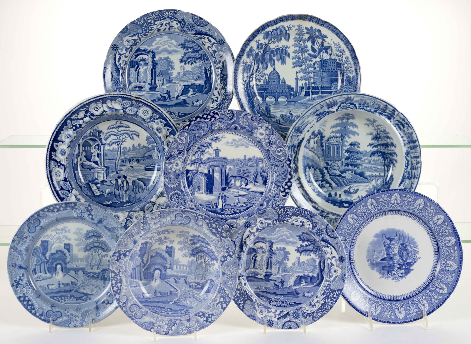 ENGLISH / STAFFORDSHIRE BLUE TRANSFER-PRINTED CERAMIC EUROPE MOTIF PLATES, LOT OF NINE (1 of 1)
