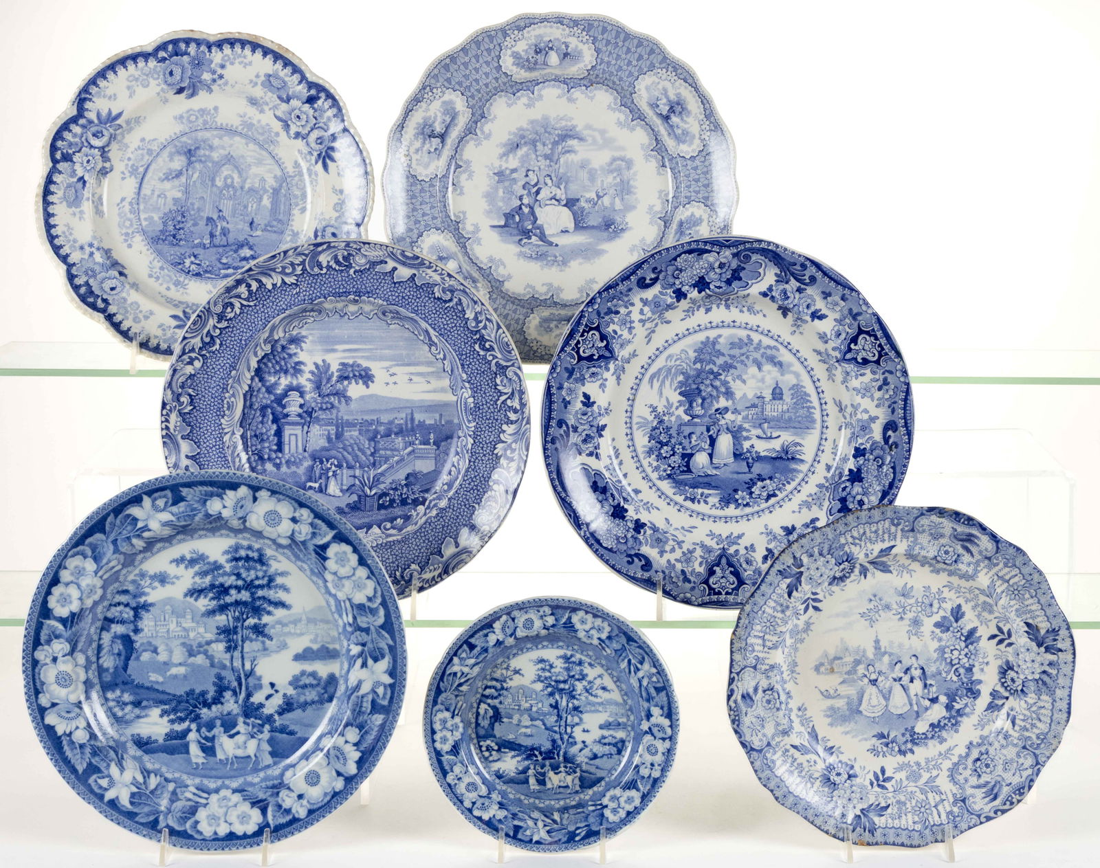 STAFFORDSHIRE BLUE TRANSFER-PRINTED CERAMIC EUROPEAN / SOCIETAL MOTIF PLATES, LOT OF SEVEN (1 of 1)
