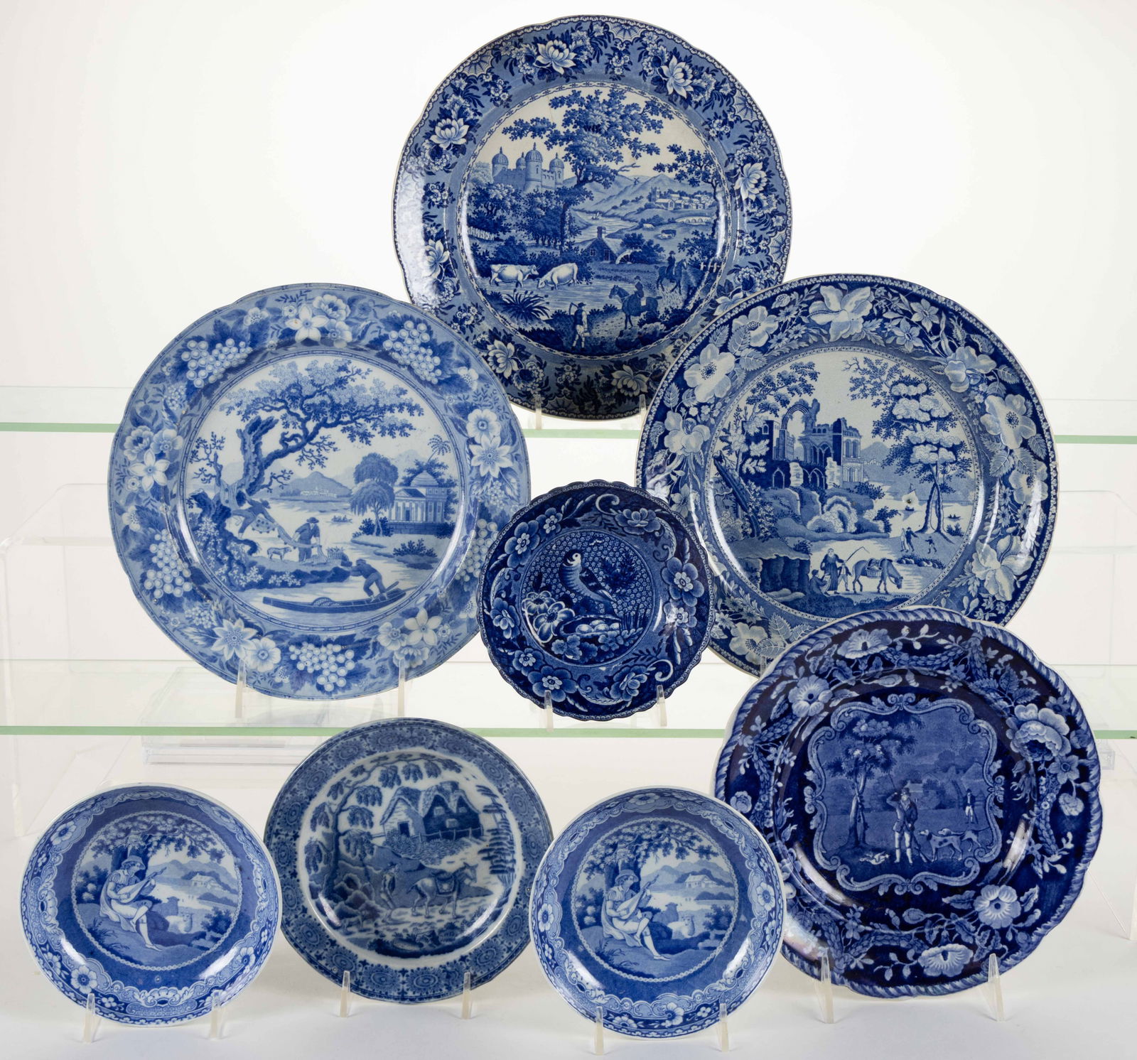 BRITISH / STAFFORDSHIRE BLUE TRANSFER-PRINTED CERAMIC ANIMAL AND FIGURE MOTIF PLATES / SAUCERS, LOT (1 of 1)
