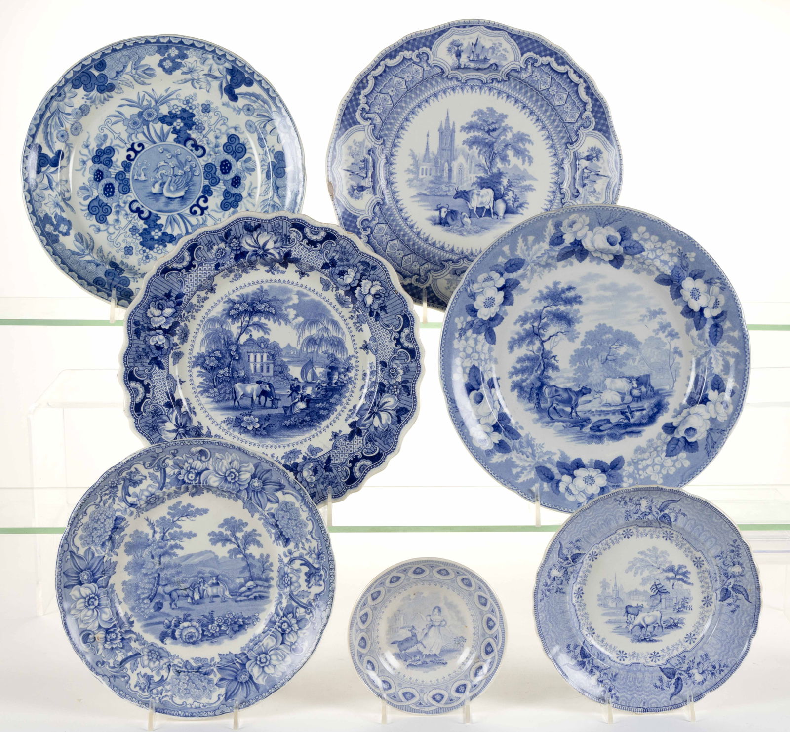 STAFFORDSHIRE BLUE TRANSFER-PRINTED CERAMIC ANIMAL MOTIF PLATES, LOT OF SEVEN (1 of 1)