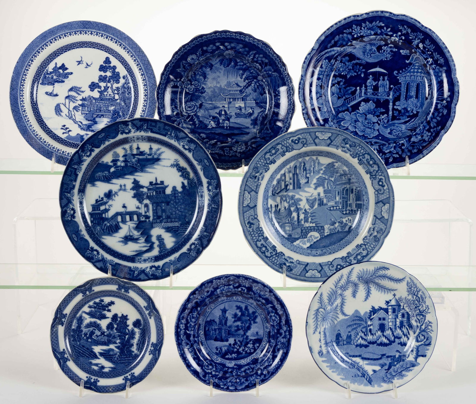 ENGLISH / STAFFORDSHIRE BLUE TRANSFER-PRINTED CERAMIC CHINOISERIE MOTIF PLATES, LOT OF EIGHT (1 of 1)