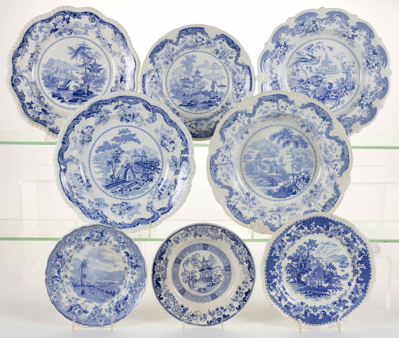 STAFFORDSHIRE BLUE TRANSFER-PRINTED CERAMIC CHINOISERIE MOTIF PLATES, LOT OF EIGHT (1 of 1)