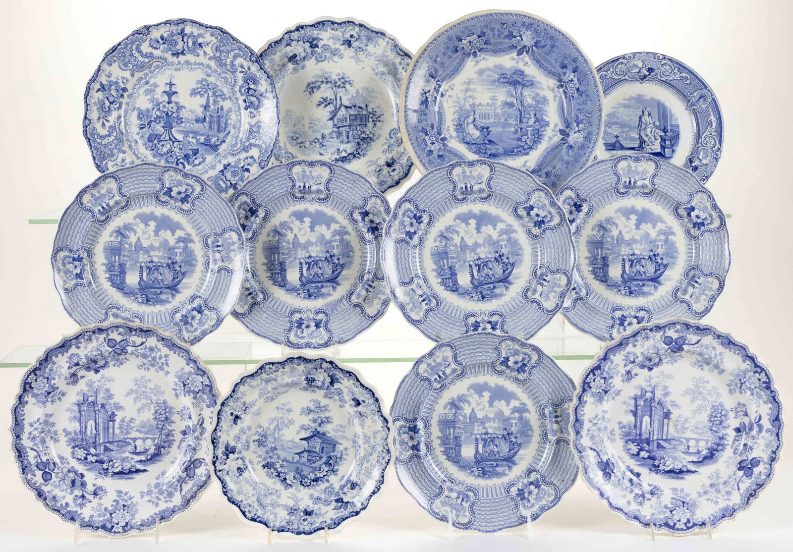 STAFFORDSHIRE BLUE TRANSFER-PRINTED CERAMIC ROMANTIC MOTIF PLATES, LOT OF 12 (1 of 1)