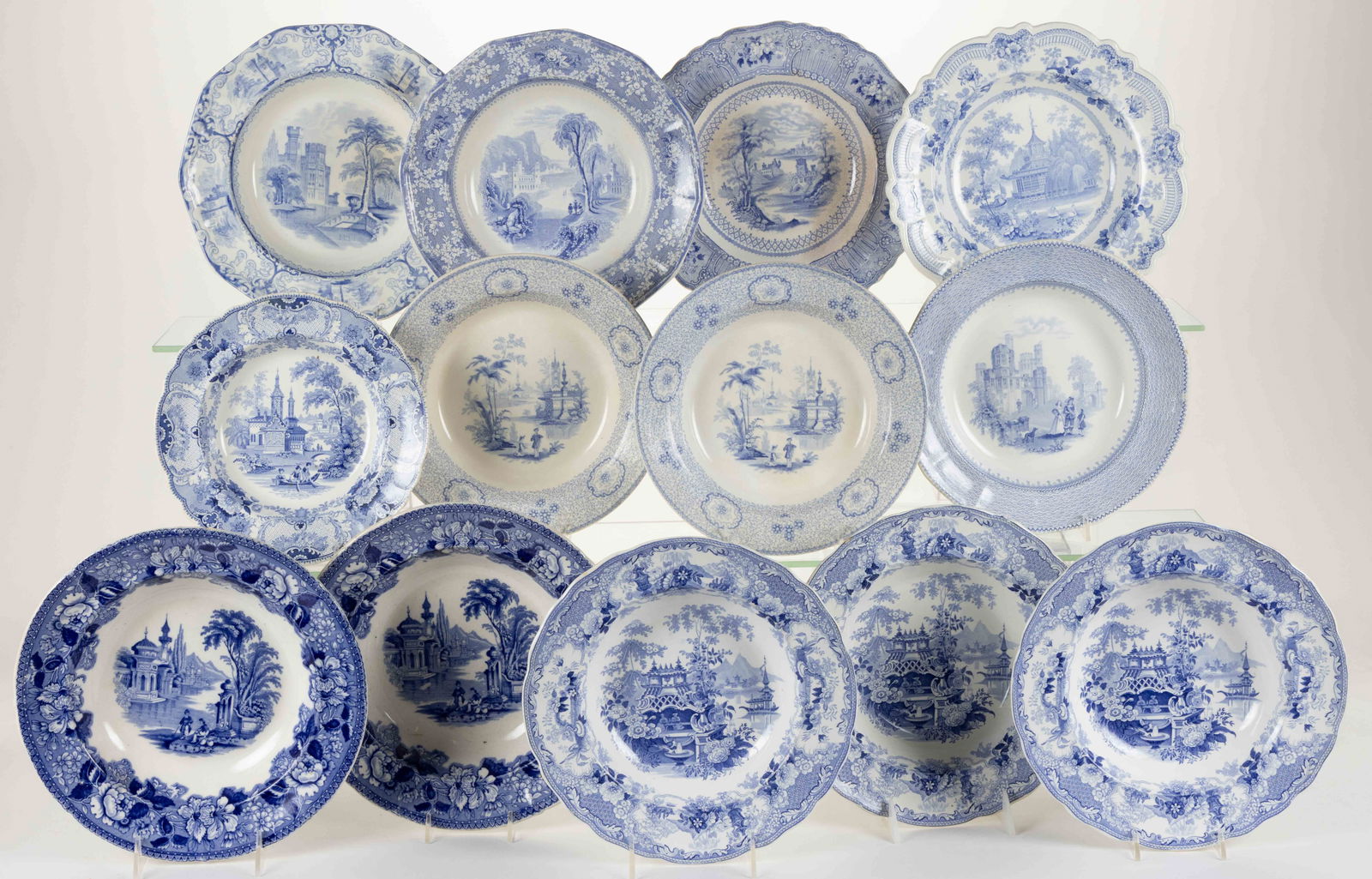 BRITISH / STAFFORDSHIRE BLUE TRANSFER-PRINTED CERAMIC ROMANTIC MOTIF SOUP PLATES, LOT OF 13 (1 of 1)