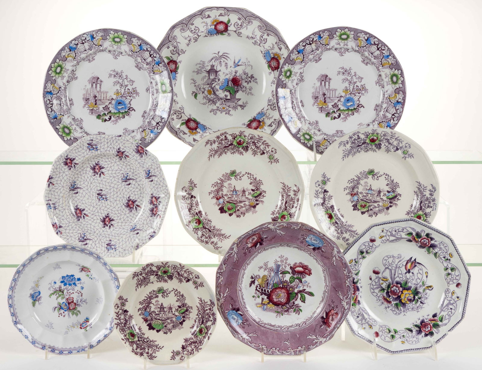 STAFFORDSHIRE TRANSFER-PRINTED IRONSTONE ASSORTED MOTIFS PLATES, LOT OF TEN (1 of 1)