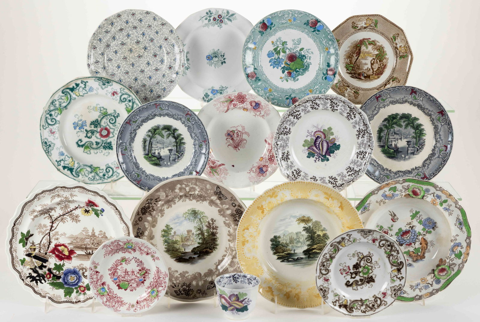 STAFFORDSHIRE TRANSFER-PRINTED IRONSTONE ASSORTED MOTIFS PLATES, LOT OF 15 (1 of 1)