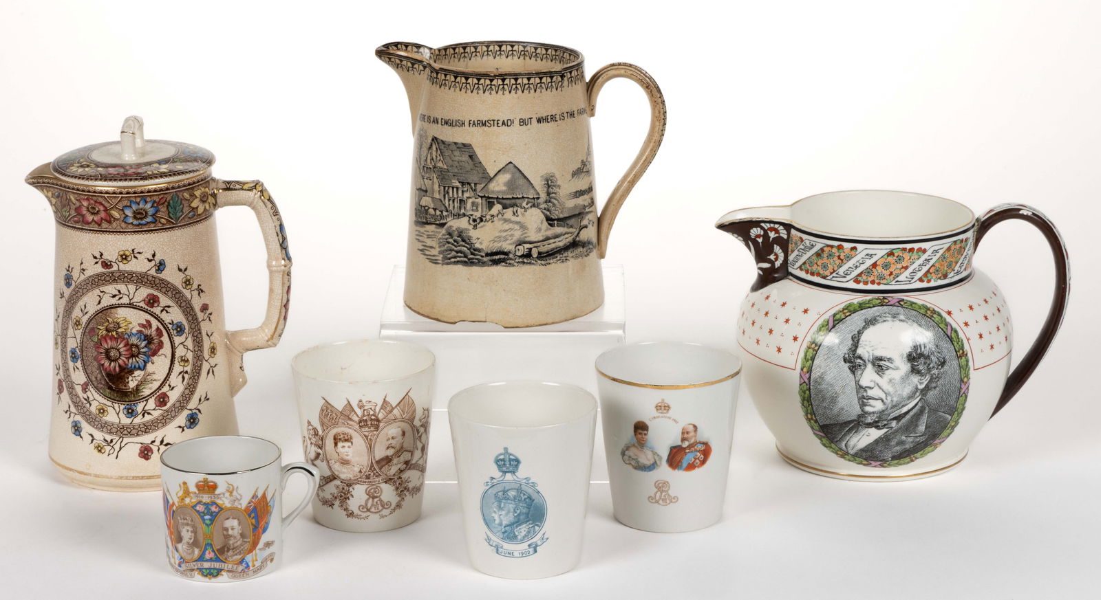 STAFFORDSHIRE TRANSFER-PRINTED CERAMIC BRITISH ROYALTY AND OTHER DRINKING ARTICLES, LOT OF SEVEN (1 of 2)