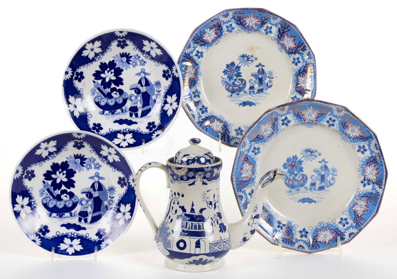 ENGLISH STAFFORDSHIRE BLUE TRANSFER-PRINTED CERAMIC CHINOISERIE MOTIF COFFEE AND TABLE ARTICLES, LOT (1 of 2)