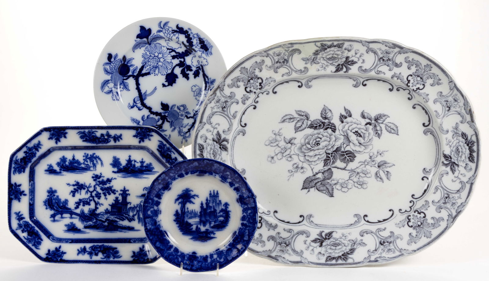 STAFFORDSHIRE FLOW BLUE / MULBERRY TRANSFER-PRINTED CERAMIC TABLE ARTICLES, LOT OF FOUR (1 of 7)