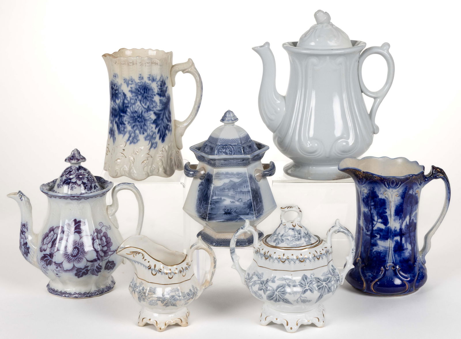 ENGLISH / STAFFORDSHIRE TRANSFER-PRINTED CERAMIC FLOW BLUE AND OTHER ARTICLES, LOT OF SEVEN (1 of 1)