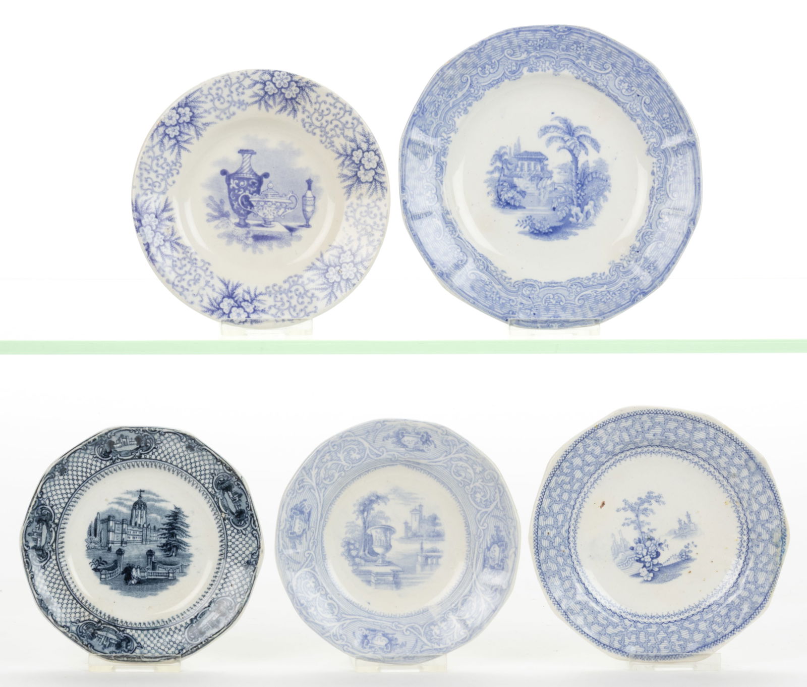 STAFFORDSHIRE BLUE TRANSFER-PRINTED CERAMIC CUP PLATES, LOT OF FIVE (1 of 1)