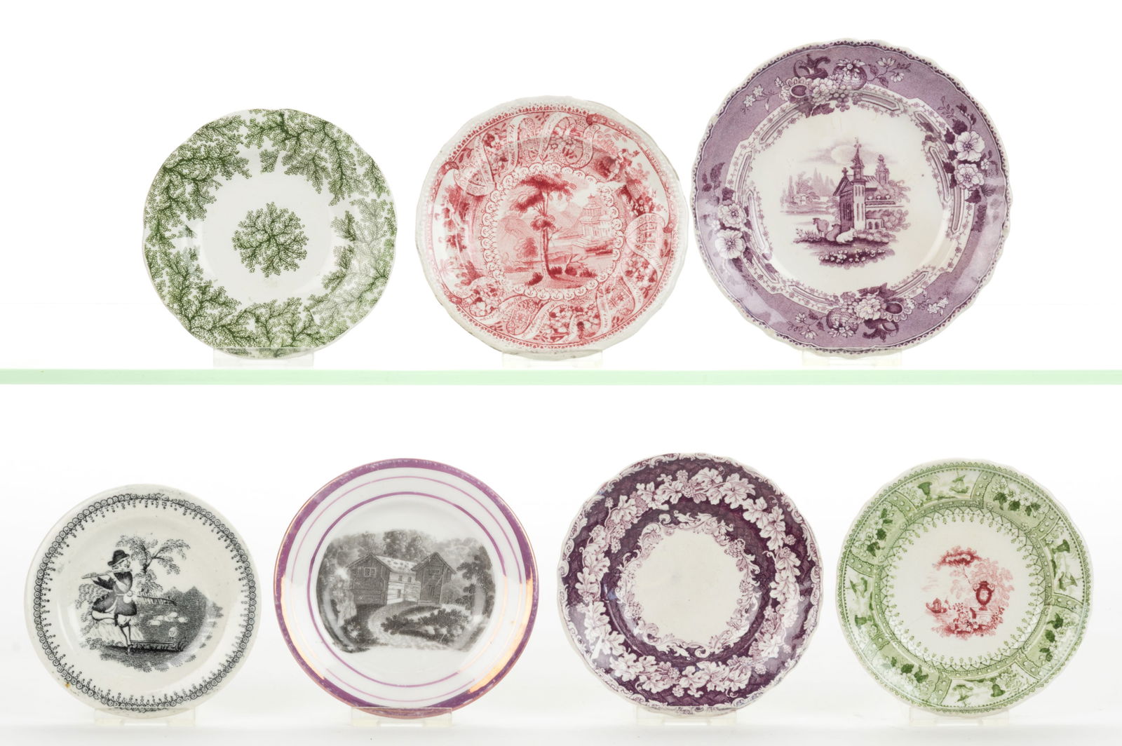 STAFFORDSHIRE TRANSFER-PRINTED CERAMIC CUP PLATES, LOT OF SEVEN (1 of 1)