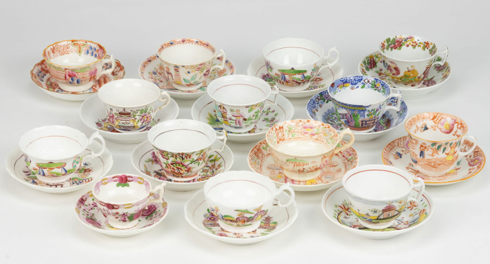 ENGLISH TRANSFER-PRINTED PORCELAIN CHINOISERIE MOTIF CUP AND SAUCER SETS, LOT OF 14 (1 of 1)