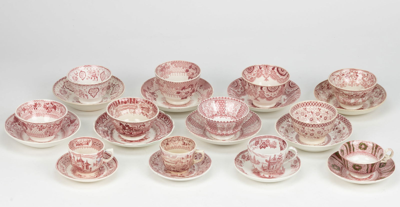 STAFFORDSHIRE TRANSFER-PRINTED CERAMIC CUP AND SAUCER SETS, LOT OF 12 (1 of 1)