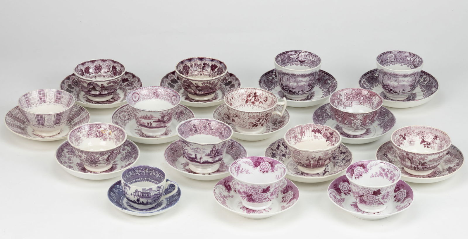 STAFFORDSHIRE TRANSFER-PRINTED CERAMIC CUP AND SAUCER SETS, LOT OF 15 (1 of 1)