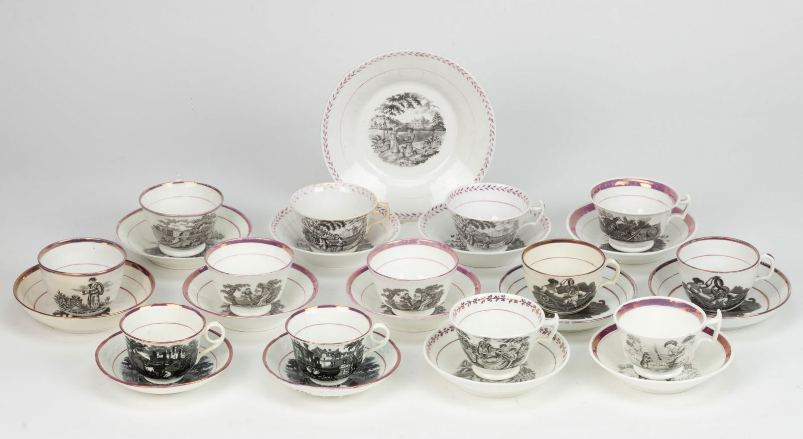 STAFFORDSHIRE BAT- / TRANSFER-PRINTED CERAMIC CUP AND SAUCER SETS, LOT OF 13 (1 of 1)
