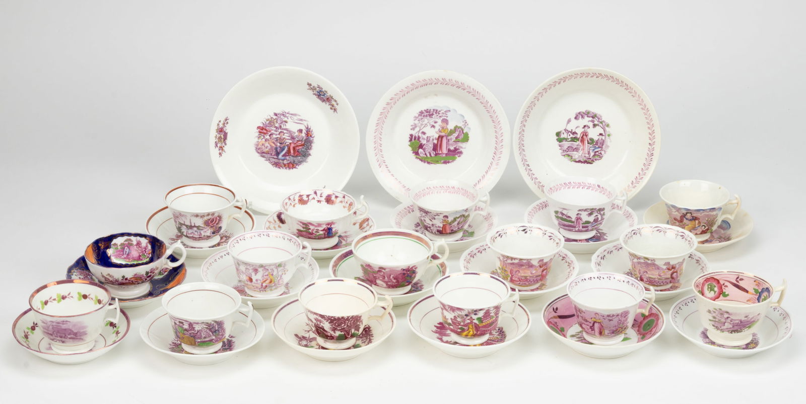 STAFFORDSHIRE BAT- / TRANSFER-PRINTED CERAMIC CUP AND SAUCER SETS, LOT OF 16 (1 of 1)
