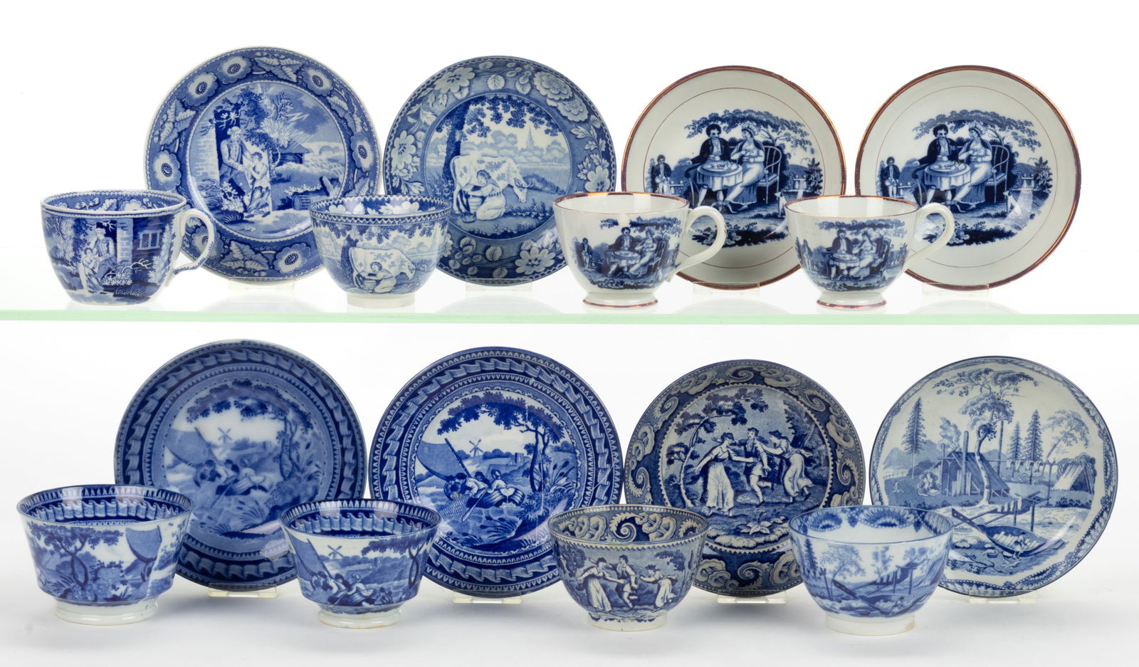 ENGLISH / STAFFORDSHIRE BLUE TRANSFER-PRINTED CERAMIC CUP AND SAUCER SETS, LOT OF EIGHT (1 of 1)
