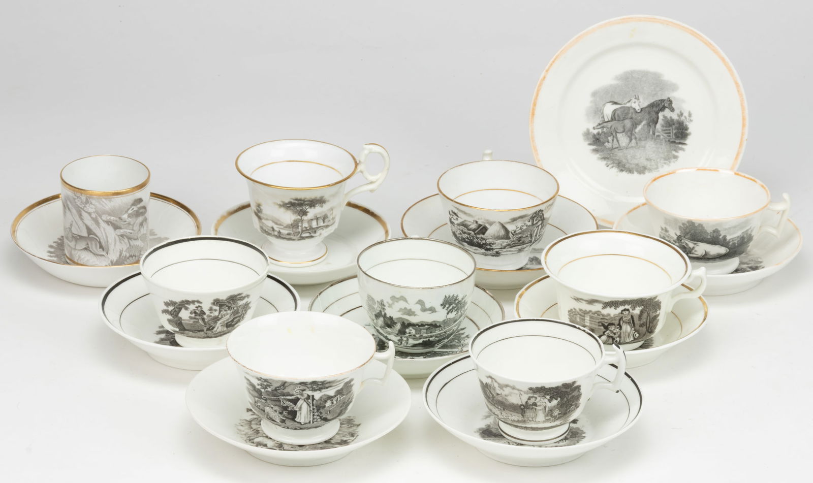 STAFFORDSHIRE BAT- / TRANSFER-PRINTED CERAMIC CUP AND SAUCER SETS, LOT OF NINE (1 of 1)