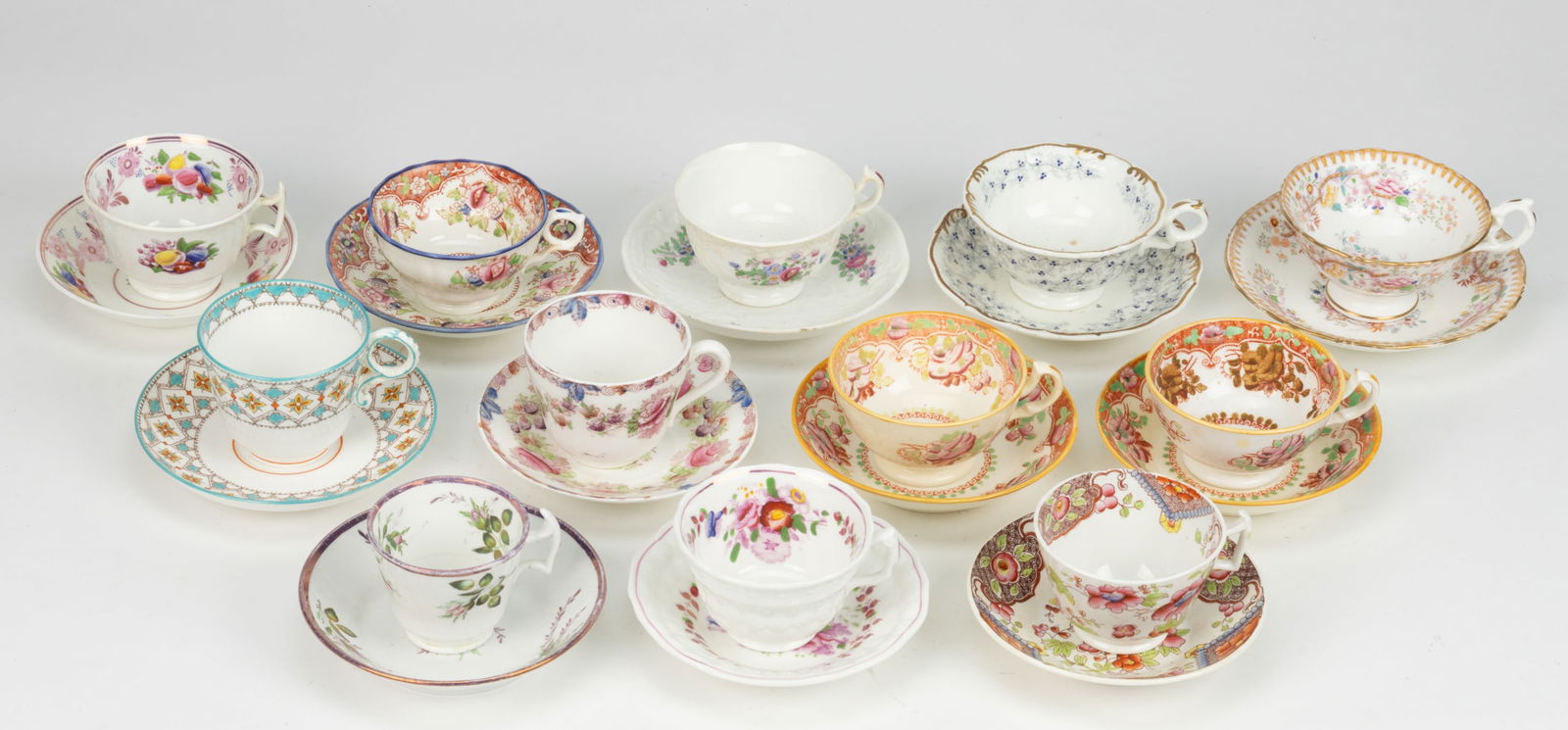 ENGLISH TRANSFER-PRINTED PORCELAIN FLORAL MOTIF CUP AND SAUCER SETS, LOT OF 12 (1 of 1)