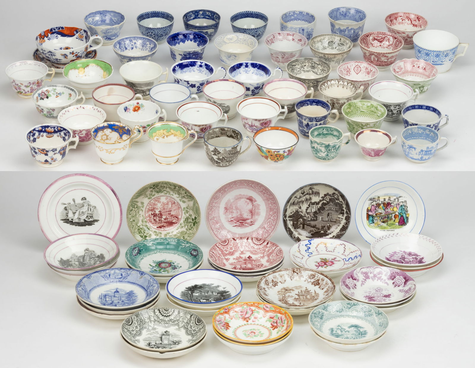 BRITISH BAT- / TRANSFER-PRINTED CERAMIC UNMATCHING CUPS AND SAUCERS, UNCOUNTED LOT (1 of 3)