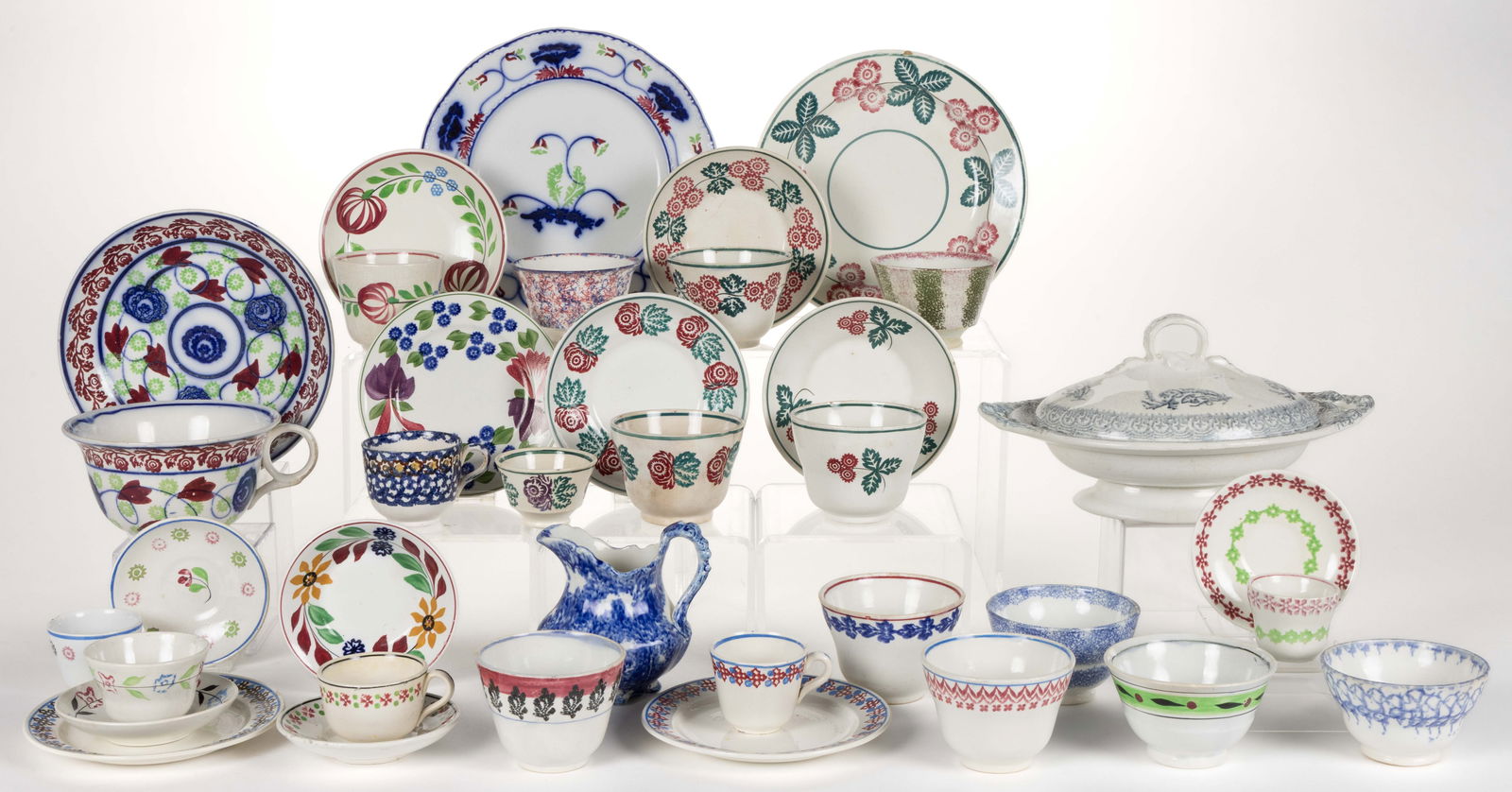 BRITISH AND OTHER STICK SPATTER / SPONGE-DECORATED CERAMIC ARTICLES, LOT OF 37 (1 of 1)