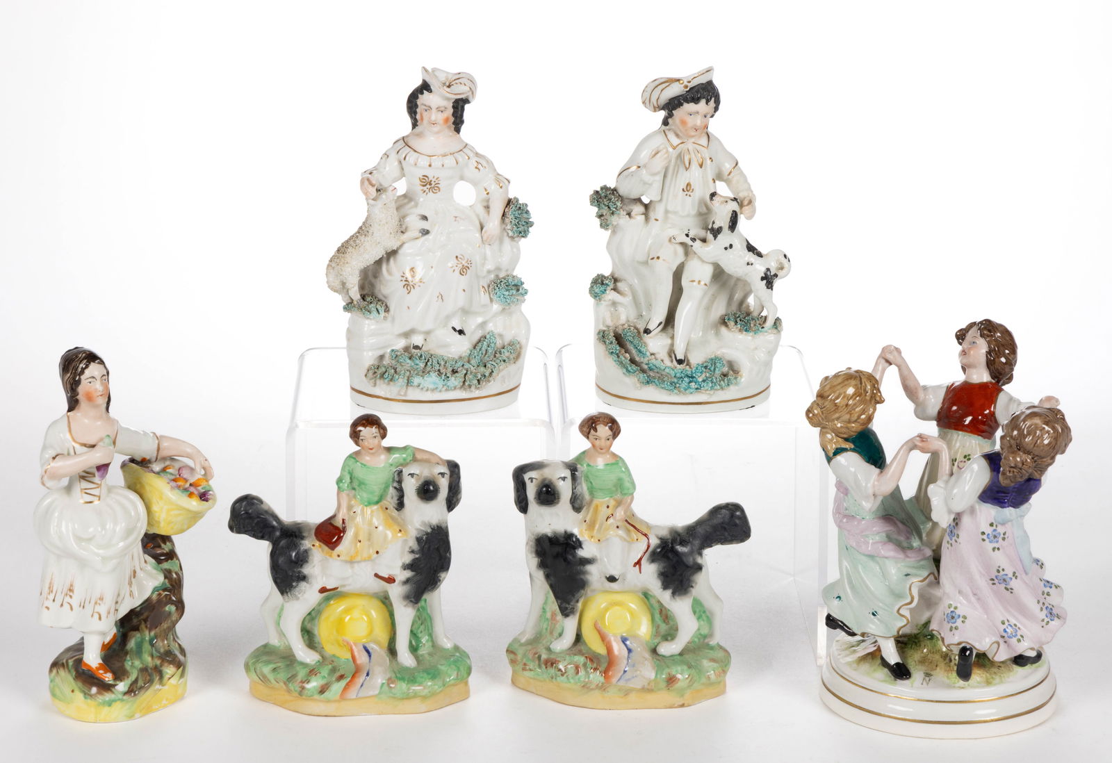 ENGLISH STAFFORDSHIRE HAND-PAINTED CERAMIC FIGURES, LOT OF FIVE (1 of 3)