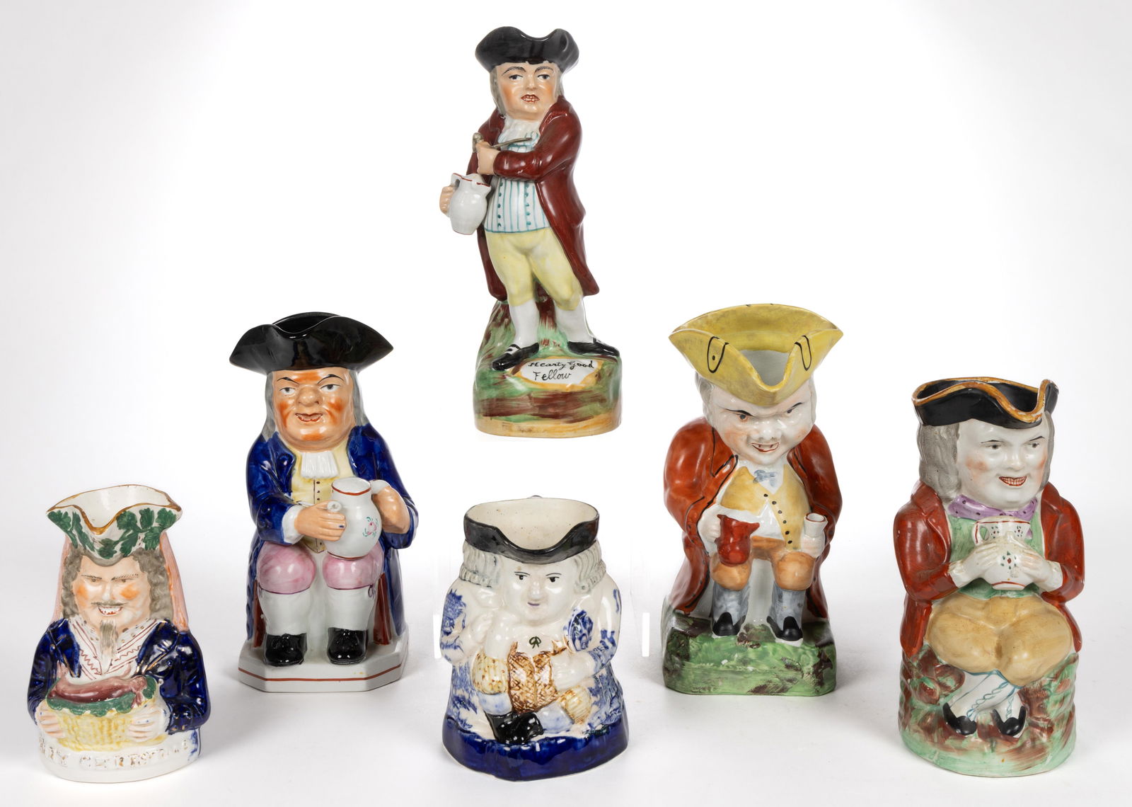 BRITISH HAND-PAINTED CERAMIC TOBY JUGS, LOT OF SIX (1 of 3)